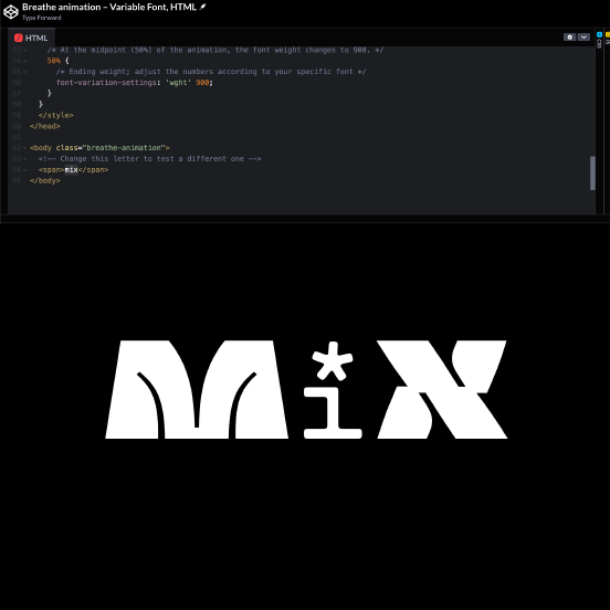 A CodePen displaying code and a variable font demonstrating the 'breathing effect', inviting viewers to explore more on the site.