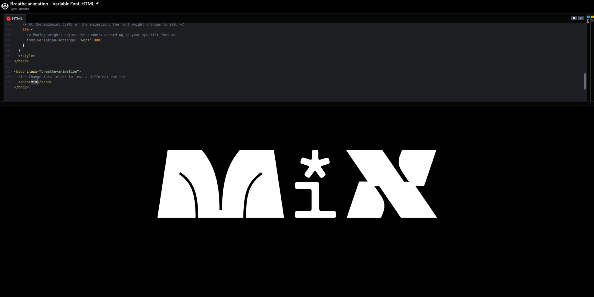 A CodePen displaying code and a variable font demonstrating the 'breathing effect', inviting viewers to explore more on the site.